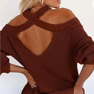 Gold Women Cold Shoulder Long Sleeve Sweater Open Back Chunky Knit Size Medium